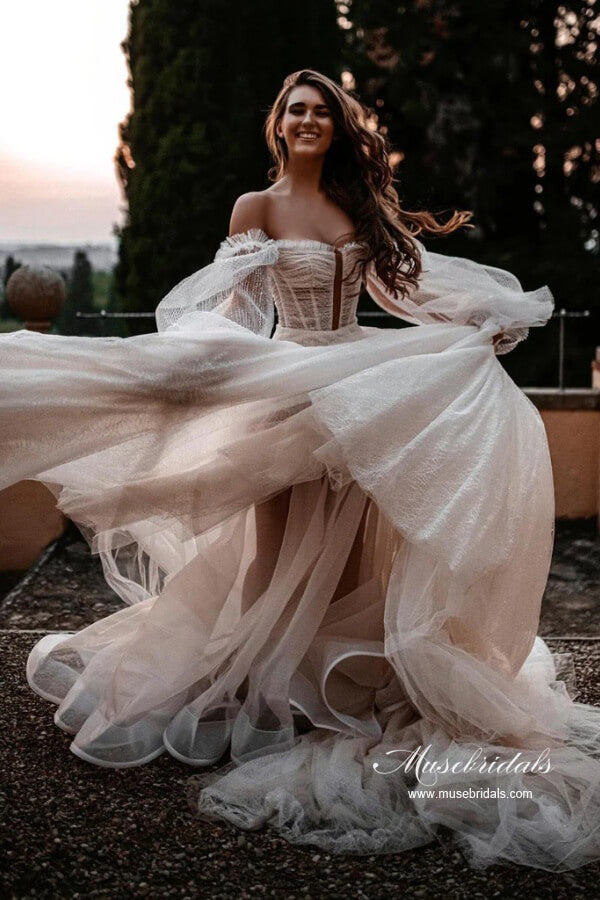 Tulle A-line Sweetheart Lace Long Sleeves Chapel Train Wedding Dresses, MW1048 | simple wedding dresses | wedding gown | bridal dresses | musebridals.com
