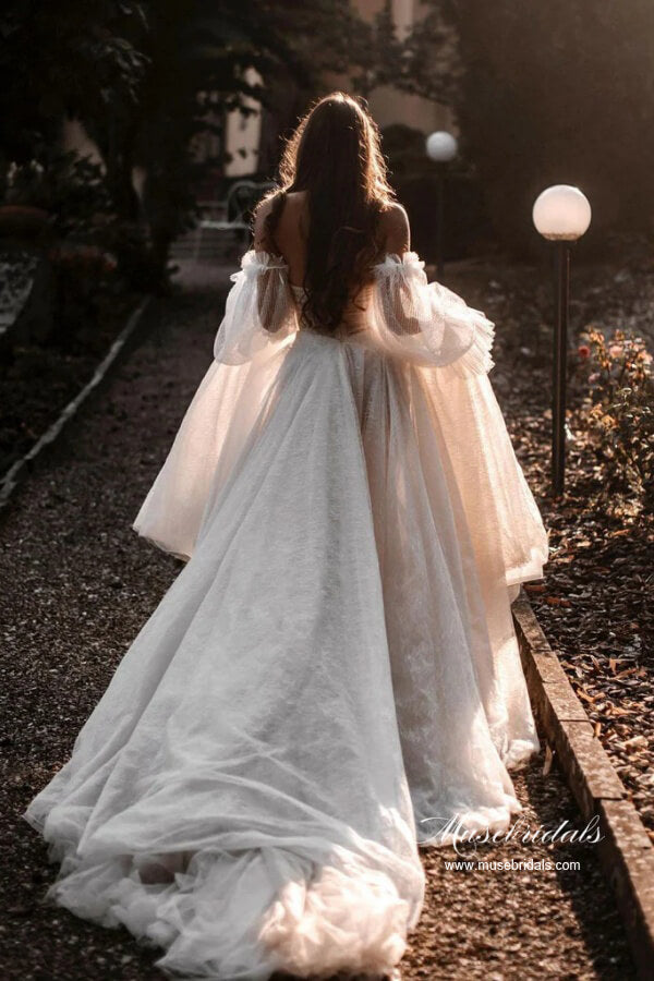 Tulle A-line Sweetheart Lace Long Sleeves Chapel Train Wedding Dresses, MW1048 | outdoor wedding dresses | tulle wedding dress | vintage wedding dresses | musebridals.com