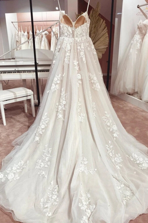 Tulle A Line Sweetheart Neck Spaghetti Straps Lace Wedding Dresses, Bridal Gown, MW1333 | new arrival wedding dress | wedding dress stores | boho wedding dress | musebridals.com