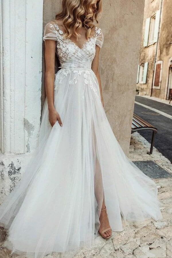 Tulle A Line V Neck Cap Sleeves Lace Appliques Wedding Dress, Bridal Gown, MW1330 | cheap lace wedding dress | where to buy wedding dress near me | bohemian wedding dress | musebridals.com