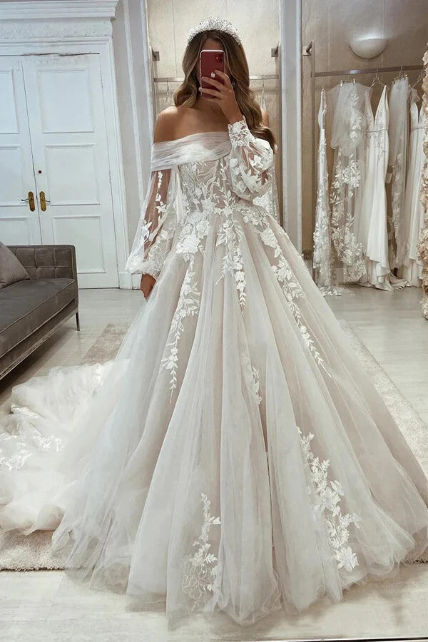 Unique Tulle A Line Off-the-Shoulder Long Sleeve Princess Wedding Dresses, MW1192