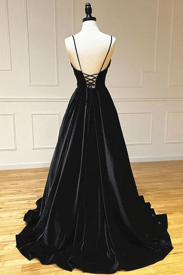 Velvet A-line V-neck Spaghetti Straps Long Prom Dresses, Party Dress, MP871 | black prom dress | simple prom dresses | evening long dress | musebridals.com