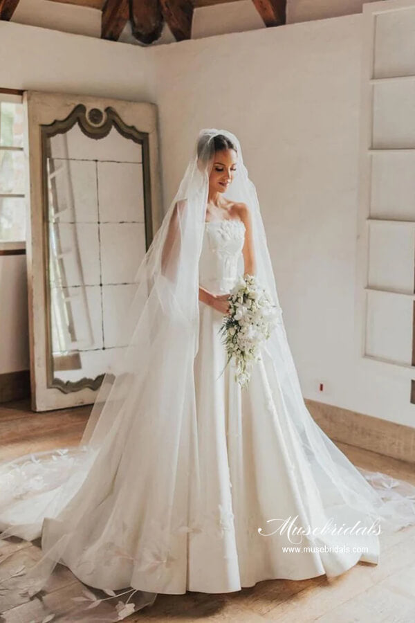 Vintage Satin Strapless Ball Gown Wedding Dresses With Floral Lace, MW991 | wedding dress shops near me | cheap lace wedding dress | satin wedding dresses | musebridals.com