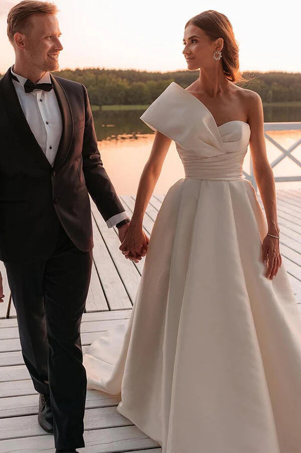 Vintage Satin One Shoulder Ball Gown Wedding Dresses With Train, MW1015 | cheap wedding dress | simple wedding dress | bridal gown | musebridals.com