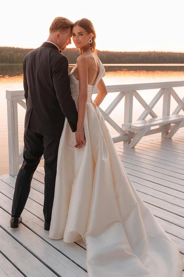 Vintage Satin One Shoulder Ball Gown Wedding Dresses With Train, MW1015 | beach wedding dress | summer wedding dress | satin wedding dress | musebridals.com