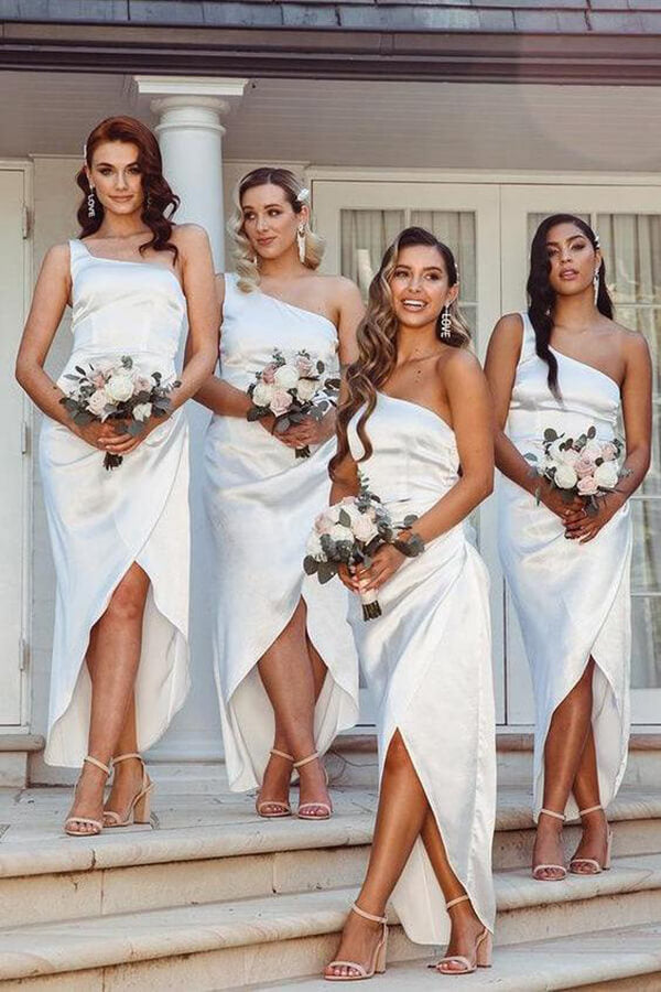 White Satin One Shoulder Bridesmaid Dresses MBD188