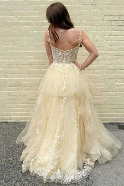 Sparkly Ball Gown Scoop Spaghetti Straps Slit Prom Dresses, Unique Par Musebridals Sparkly Ball Gown Scoop Spaghetti Straps Slit Prom Dresses, Unique Par Musebridals