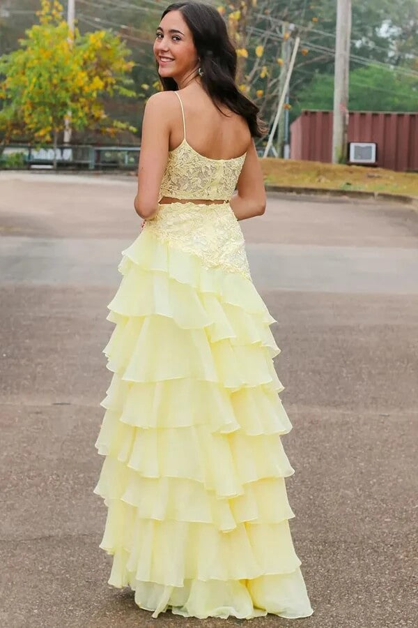 Yellow Chiffon A-line Layered Spaghetti Straps Long Prom Dress With Slit, MP1001