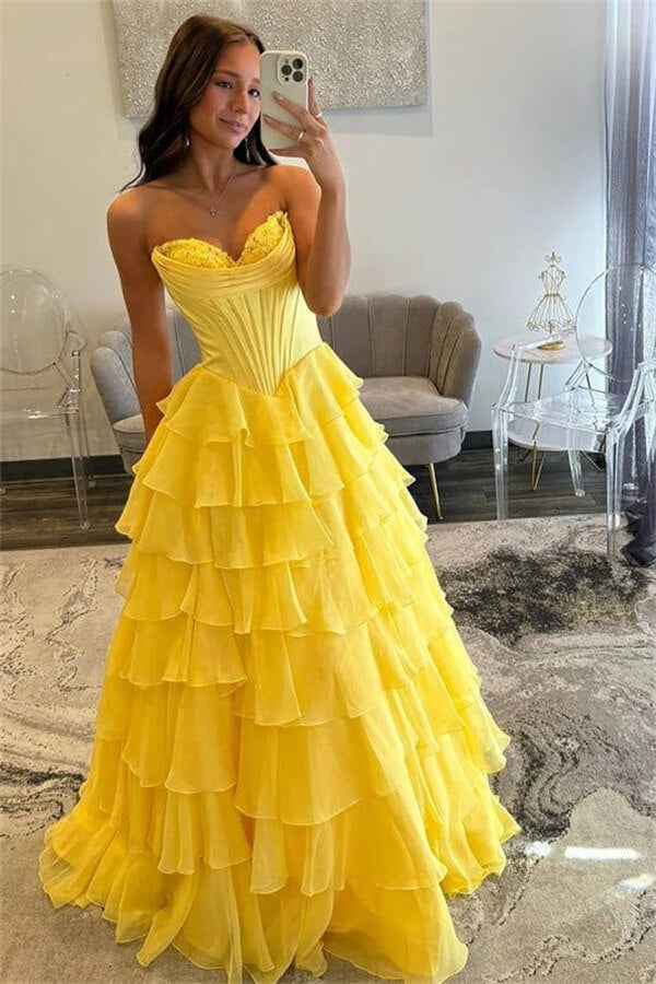Yellow Tiered A Line Sweetheart Prom Dresses, MP1093