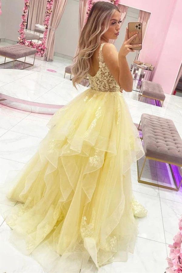 Yellow Layered Tulle A-line V-neck Long Prom Dresses With Appliques, MP903 | a line prom dress | new arrival prom dress | cheap long prom dress | musebridals.com