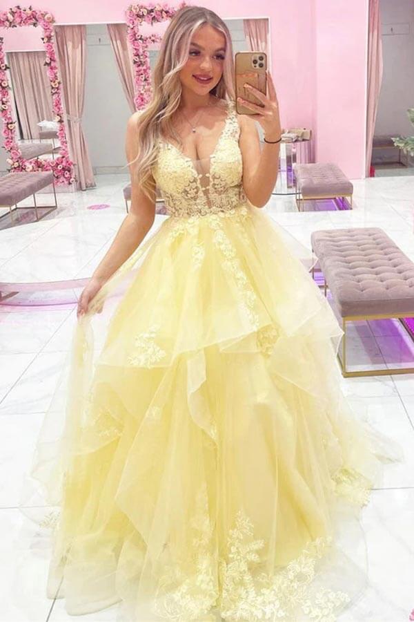 Yellow Layered Tulle A-line V-neck Long Prom Dresses With Appliques, MP903 | yellow prom dress | lace prom dress | party dress | musebridals.com