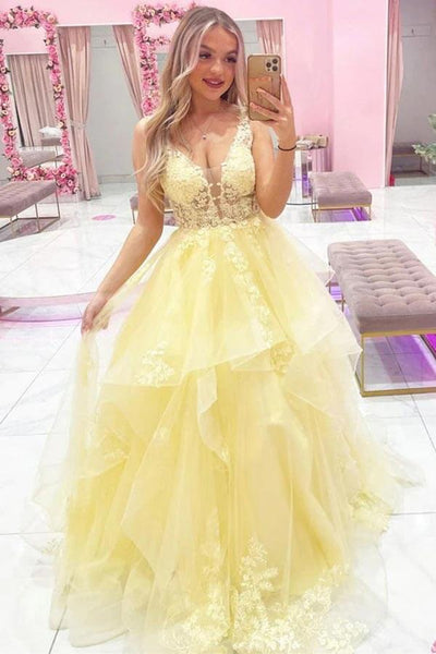 Yellow Layered Tulle A-line Appliqued Prom Dresses MP903 | Musebridals