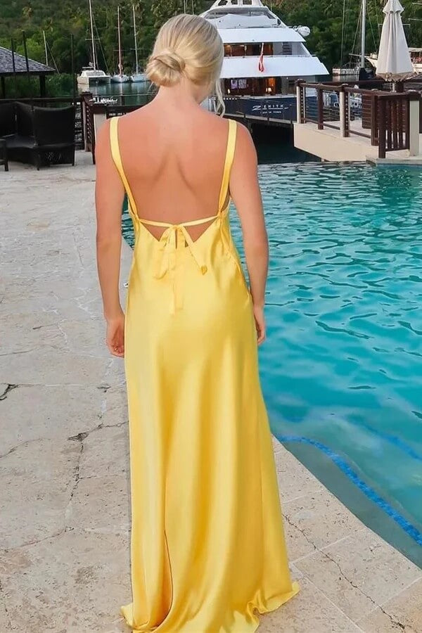 Yellow Satin V Neck Tie-back LBridesmaid Dresses, MBD293