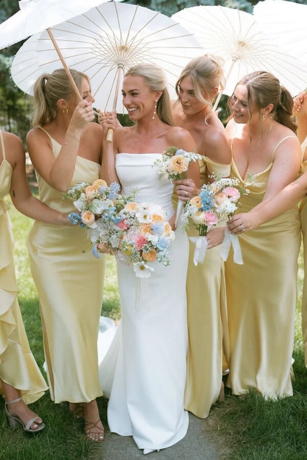 bridal dresses yellow Yellow Sheath Satin Mismatched Bridesmaid Dress, MBD308
