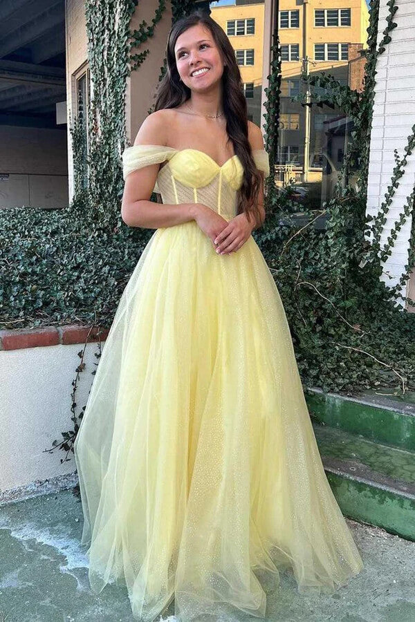 Yellow Tulle A-line Off-The-Shoulder Prom Dresses, Evening Dresses, MP838 | yellow prom dresses | simple prom dresses | evening gown | musebridals.com