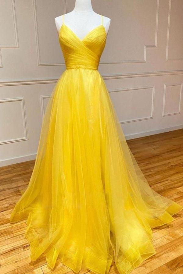 Yellow Tulle A-line V-neck Prom Dresses With Train, Evening Dresses, MP904 | simple prom dress | long prom dresses | evening gown | musebridals.com