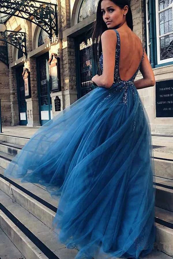 A-line V-neck Tulle Backless Prom Dress With Sequins Appliques,MP527 | musebridals.com