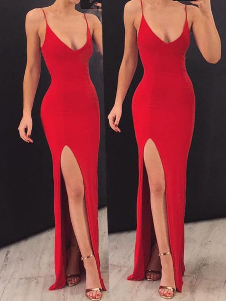 Musebridals.com offer V-Neck Sheath Spaghetti Straps Red Elastic Satin Long Prom Dresses,MP446