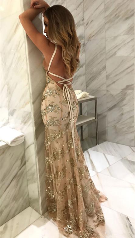 Gorgeous Tulle Spaghetti Straps Lace Mermaid V-neck Long Prom Dresses, MP231|musebridals.com