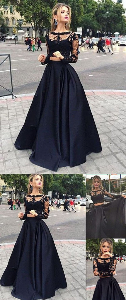 Two Piece Black Ball Gown Long Prom Dress, Long sleeves Evening Dress, Party Dresses, MP106 at musebridals.com