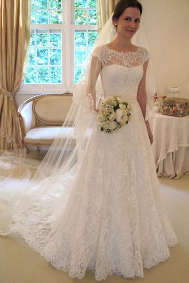 Affordable Cap Sleeve Lace A Line Wedding Dresses, Long Wedding Gowns, Bridal Dress, MW113