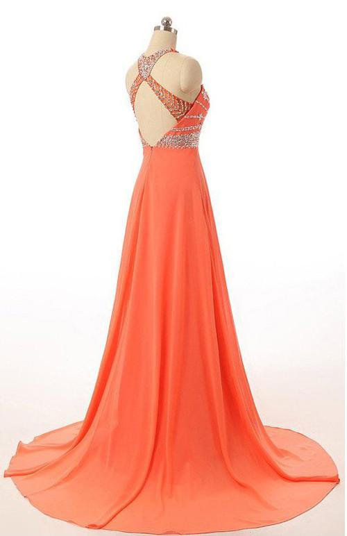 Orange Chiffon Open Back Halter Prom Dress, Evening Dress With Beading, MB188|musebridals.com