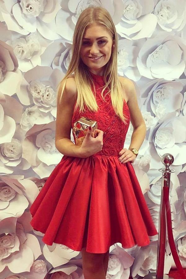 Red Satin Halter Open Back Homecoming Dress with Appliques Short Prom Dresses, MH296