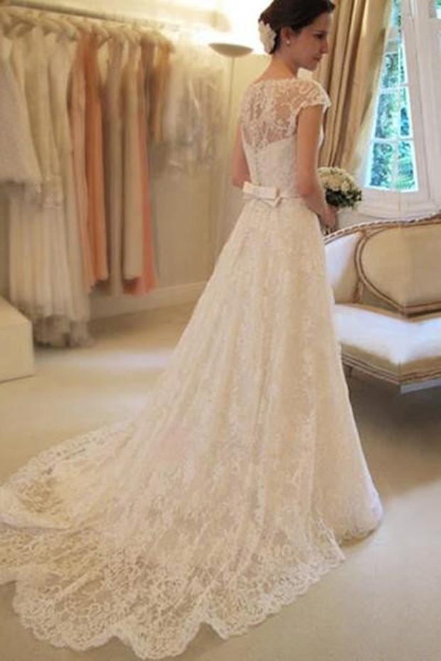 Affordable Cap Sleeve Lace A Line Wedding Dresses, Long Wedding Gowns, Bridal Dress, MW113 at musebridals.com