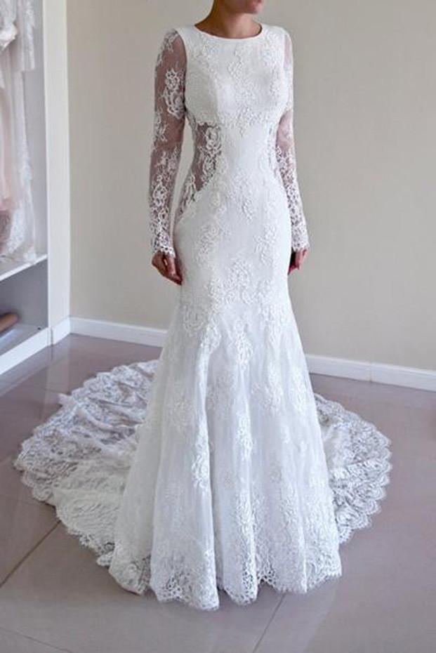 White Lace Mermaid Long Sleeve Backless Wedding Dresses with Sweep Train, MW181