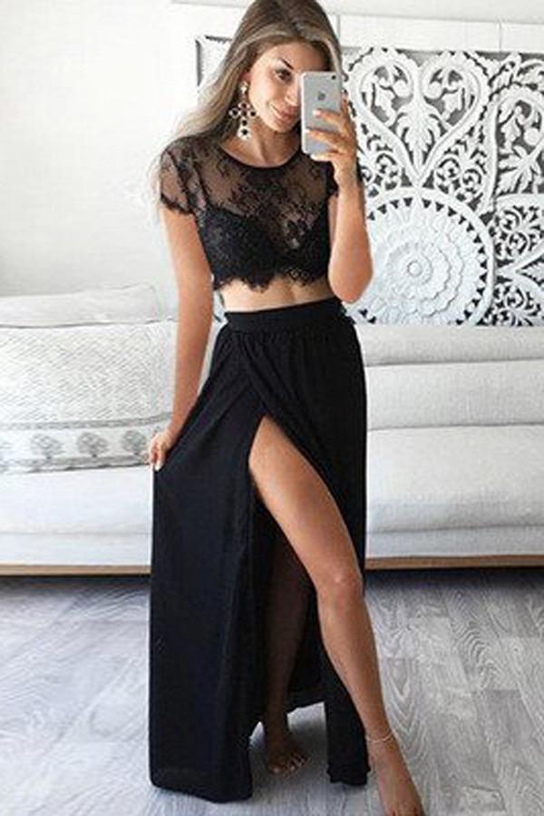 Black Two Pieces Lace Short Sleeve Side Slit Long Prom Dresses on Line, MP409