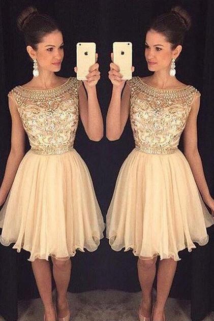 Chiffon A-line Lift Noisette beaded See Through Homecoming Dresses, MH243