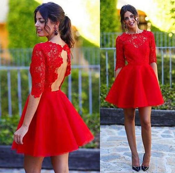 Red Half Sleeves A-line Homecoming Dress Backless Lace Short Prom Dresses, MH298|musebridals.com