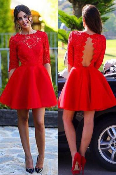 Red Half Sleeves A-line Homecoming Dress Backless Lace Short Prom Dresses, MH298