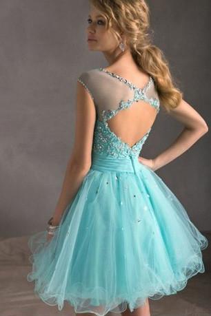 Blue Tiffany Tulle Lace Homecoming Dress, Perfect Short Prom Dresses, MH145 at musebridals.com