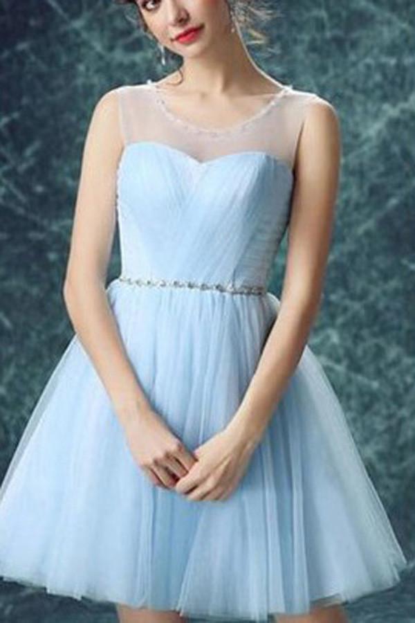 Attractive Light Blue Illusion Tulle Cute homecoming Dress Short Prom dresses, MH161