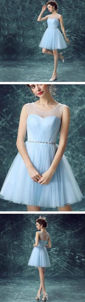Attractive Light Blue Illusion Tulle Cute homecoming Dress Short Prom dresses, MH161 at musebridals.com