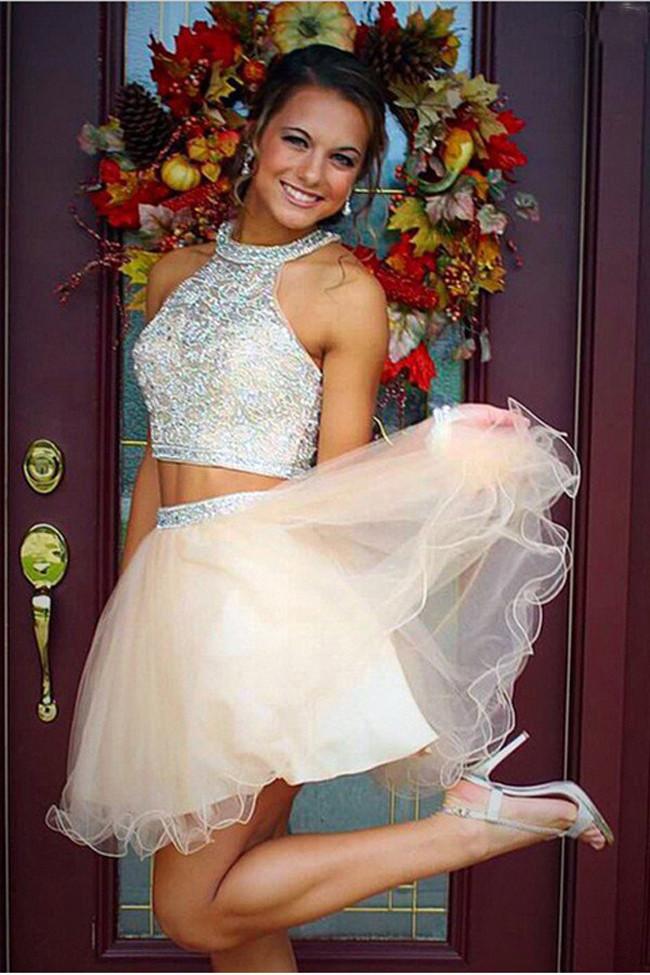 Fabulous Beaded Two Piece Homecoming Dresses Tulle Short Prom Dresses, MH200