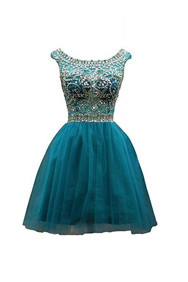 Green Beaded Tulle Scoop Neckline A Line Homecoming Dresses for Girls, MH331