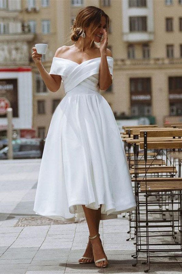 A-line Satin Off Shoulder Tea-Length Wedding Dresses, Wedding Gown, MW721 | satin wedding dresses | short wedding dress | tea length wedding dresses | www.musebridals.com
