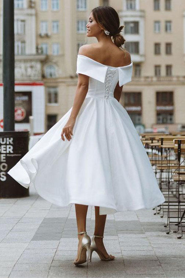 A-line Satin Off Shoulder Tea-Length Wedding Dresses, Wedding Gown, MW721 | wedding gown | bridal outfit | simple short wedding dresses | www.musebridals.com