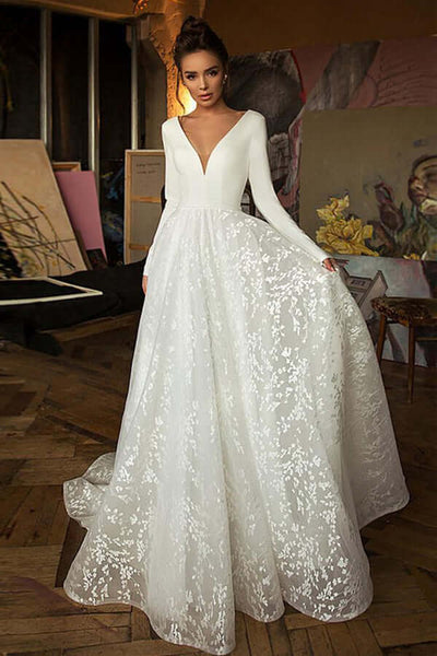 A-line Long Sleeves Wedding Dresses With Train MW782 | Musebridals A-line Long Sleeves Wedding Dresses With Train MW782 | Musebridals