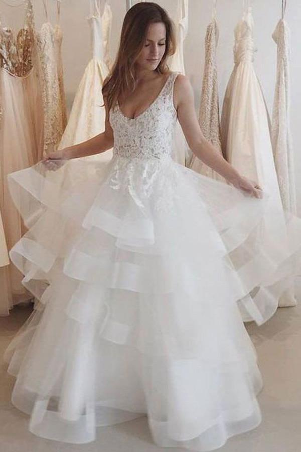 Ivory Organza Backless See-through Lace Appliqued Long Wedding Dresses, MW179