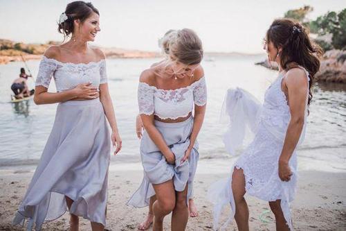 Beautiful Chiffon Lace Top Two pieces Short Sleeve Beach Wedding Bridesmaid Dress, MB200