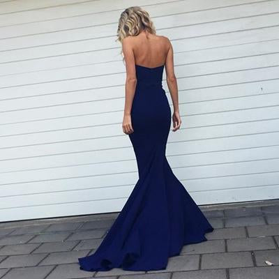musebridals offer Navy Blue Sweetheart Pleats Mermaid Bridesmaid Dresses With Sweep Train, MB199