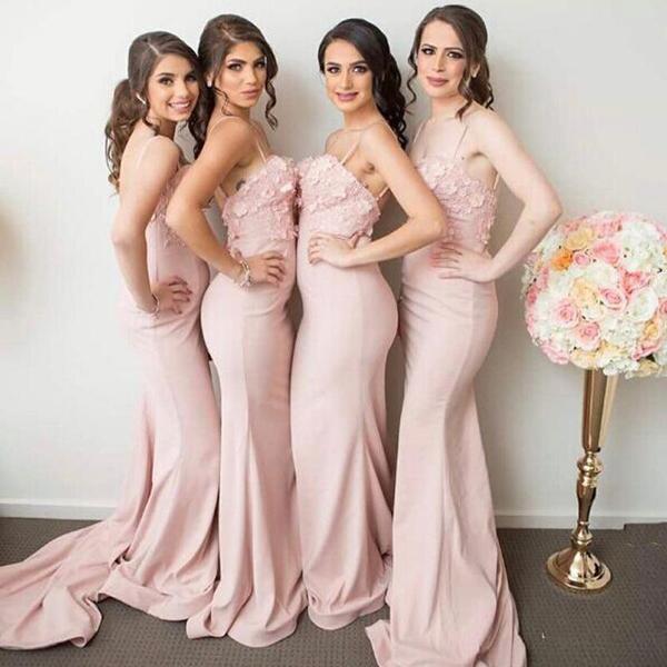 Light Pink Mermaid Spaghetti Straps Sweetheart Bridesmaid Dresses with Appliques, MB170