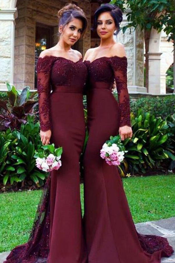 Burgundy Long Sleeve Lace Mermaid Bridesmaid Dresses with Small Train, MB112