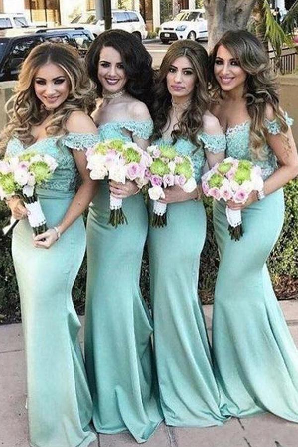 Charming Lace top Mermaid Off Shoulder Bridesmaid Dresses Wedding Guest Dress, MB116