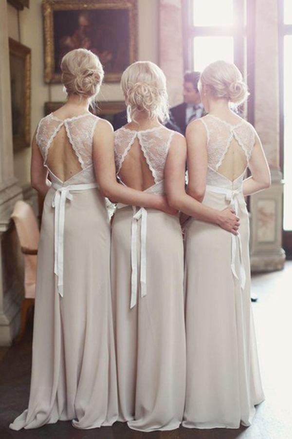 Chiffon Lace A-line Scoop Neck Ribbons Open Back Long Bridesmaid Dresses, MB166