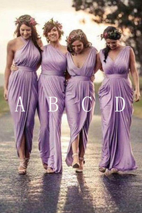 Lilac Mismatched Pleating Floor Length Different Styles Long Bridesmaid Dresses, MB172
