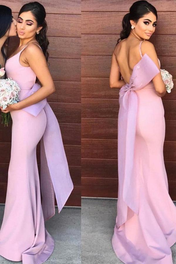Lilac Satin Mermaid Open Back Long Bridesmaid Dresses With Bowtie, MB174